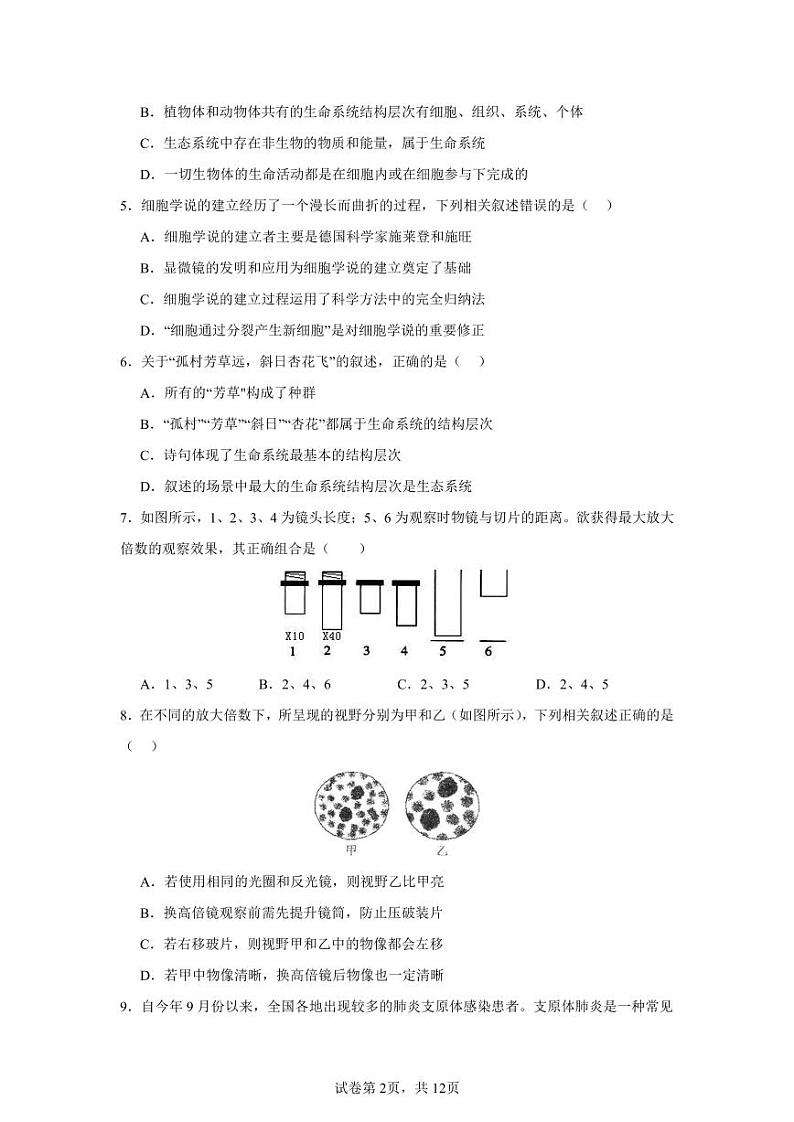 四川省成都市石室成飞中学2024-2025学年高一上学期10月月考生物试题02