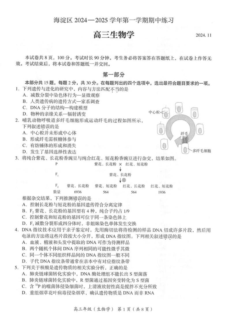 海淀区2024一2025学年第一学期期中练习高三生物学第1页