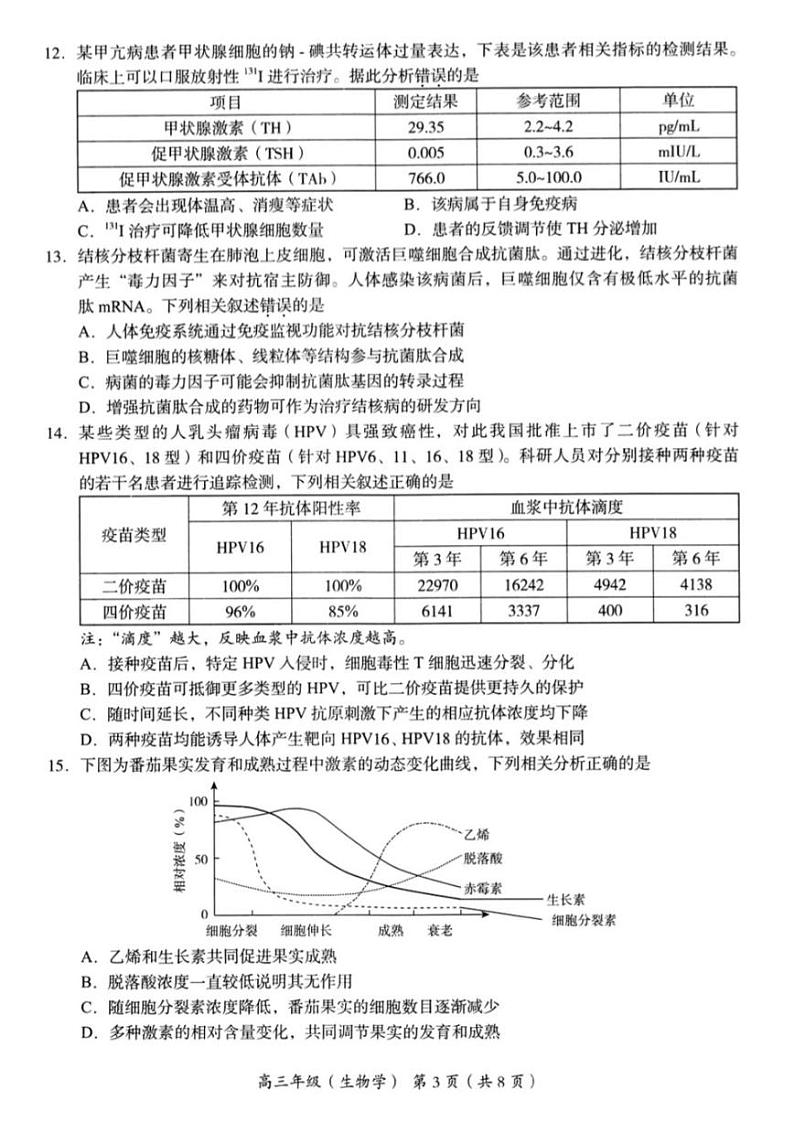 海淀区2024一2025学年第一学期期中练习高三生物学第3页