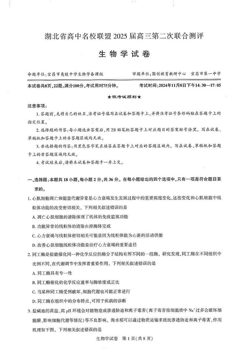 生物丨湖北省圆创名校联盟2025届高三11月第二次联合测评生物试卷及答案第1页