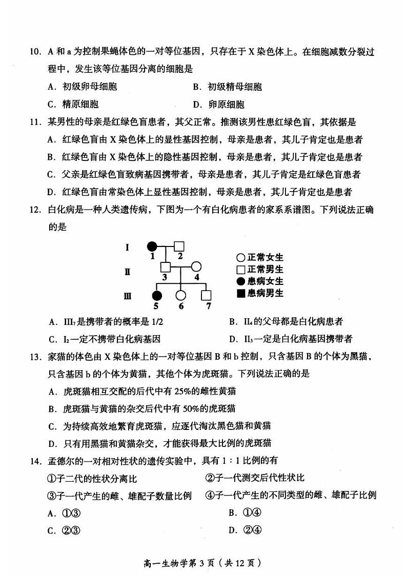 2024北京房山高一（下）期中生物试题（教师版）03
