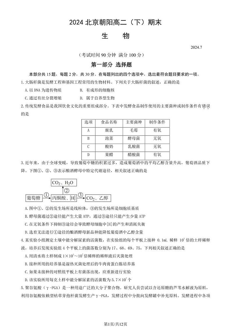 2024北京朝阳高二（下）期末生物试题及答案01