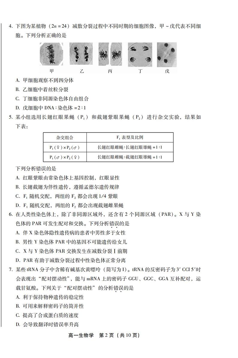 2024北京丰台高一（下）期末生物试题及答案02