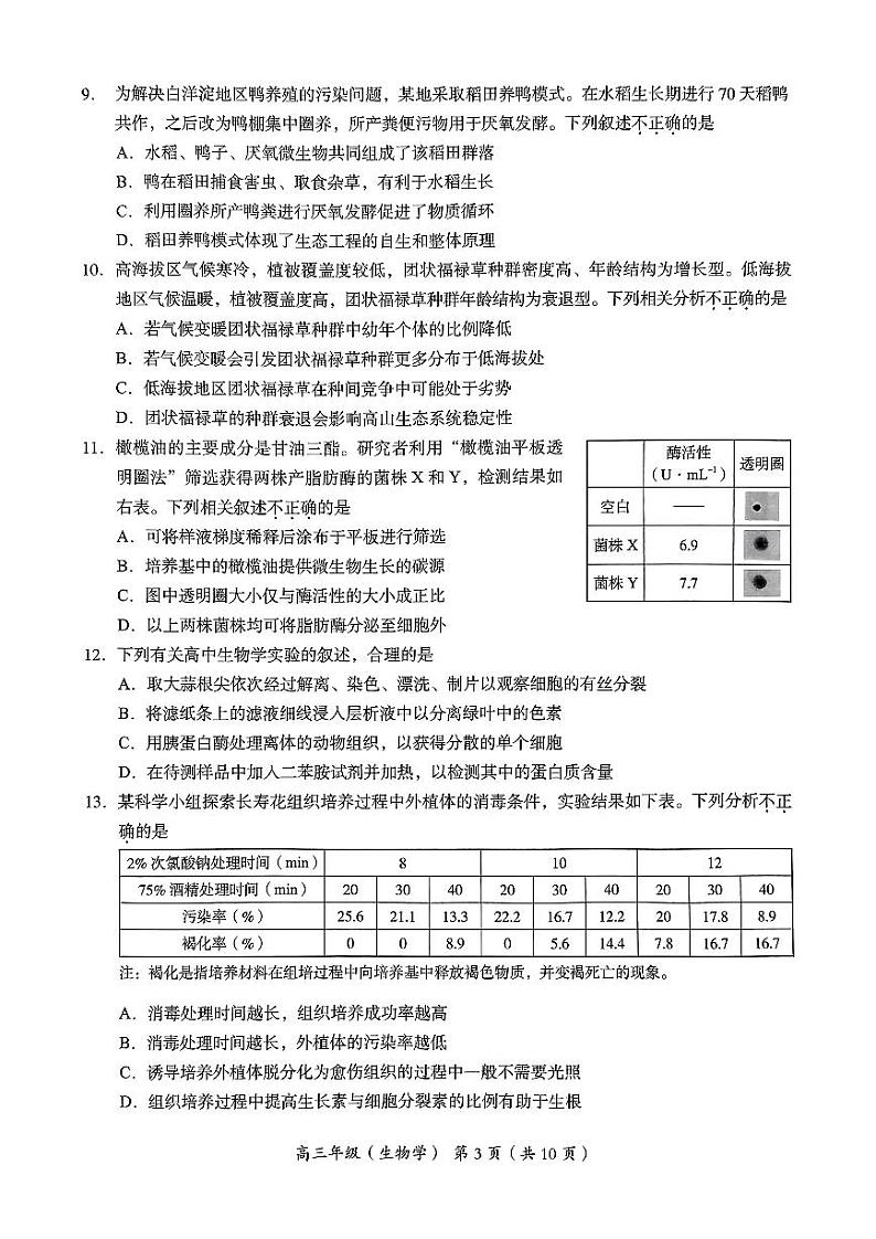 2024北京海淀高三一模生物试题及答案第3页
