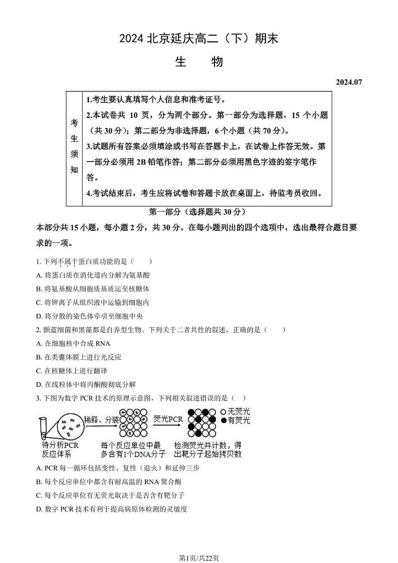 2024北京延庆高二（下）期末生物试题及答案第1页