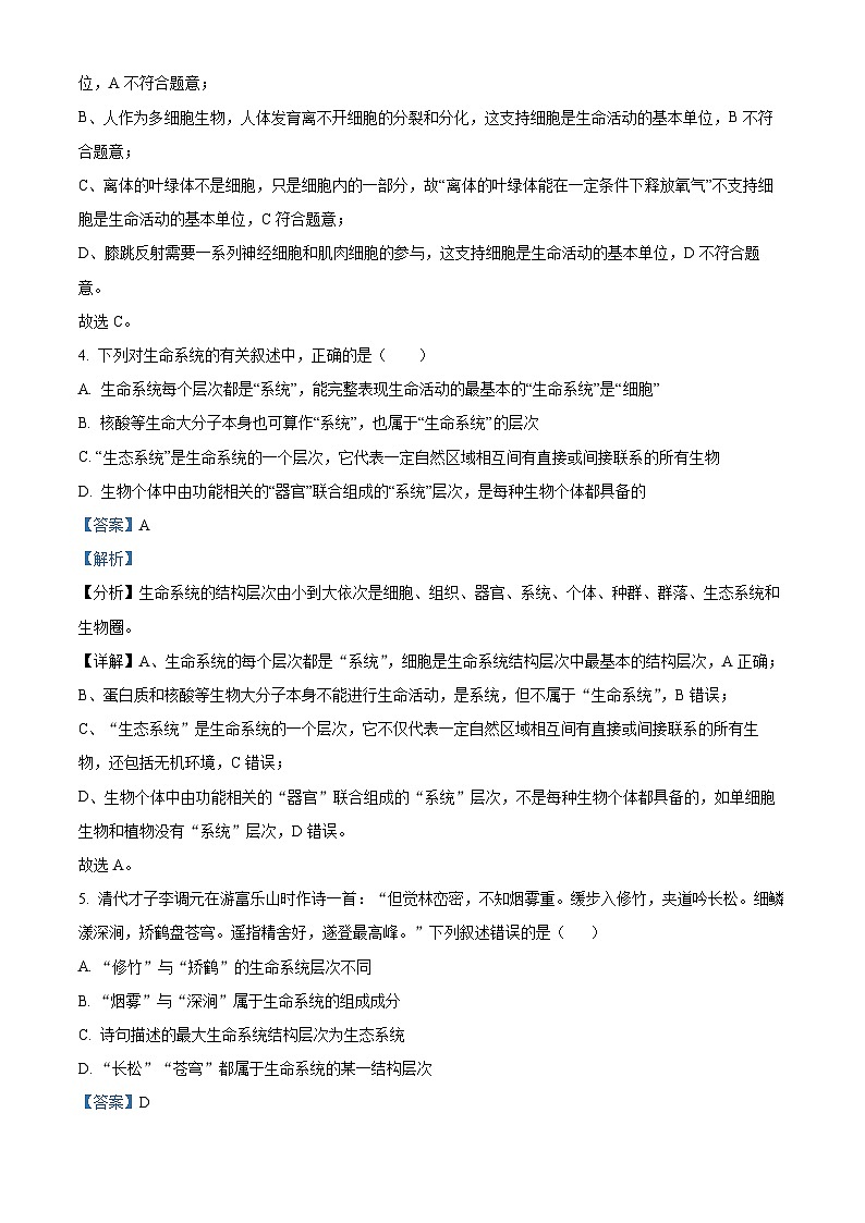 河北省石家庄精英中学2024-2025学年高一上学期10月月考生物试卷含解析第3页