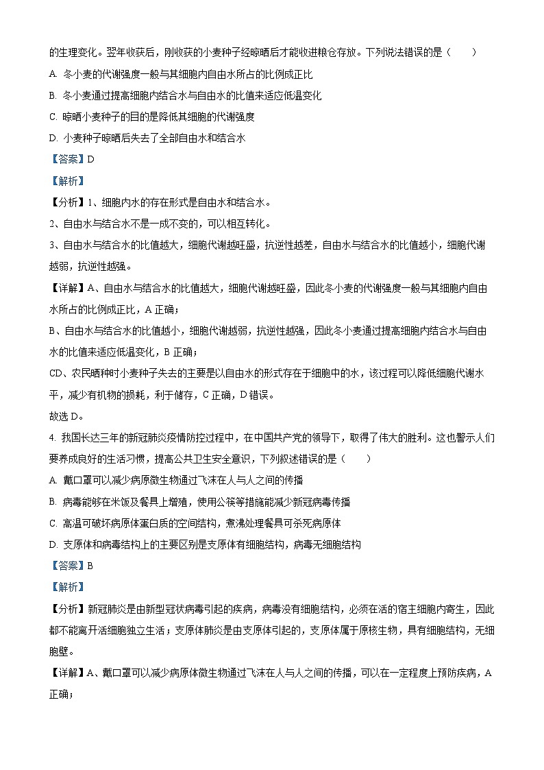 2025衡水武强中学高一上学期期中考试生物试题含解析02