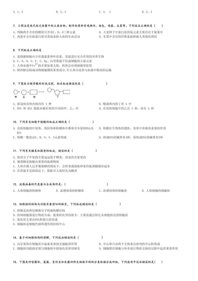 2024～2025学年河北张家口高一上学期期中生物试卷(11月)[原题+解析版]第2页
