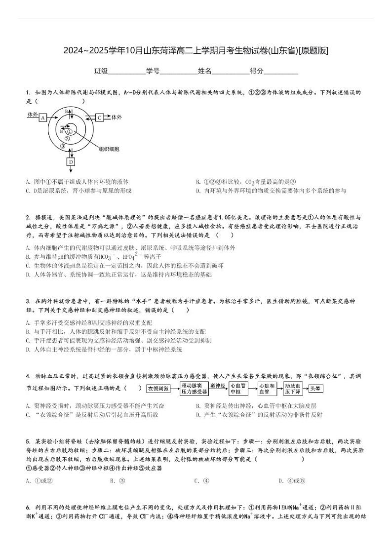 2024～2025学年10月山东菏泽高二上学期月考生物试卷(山东省)[原题+解析版]第1页