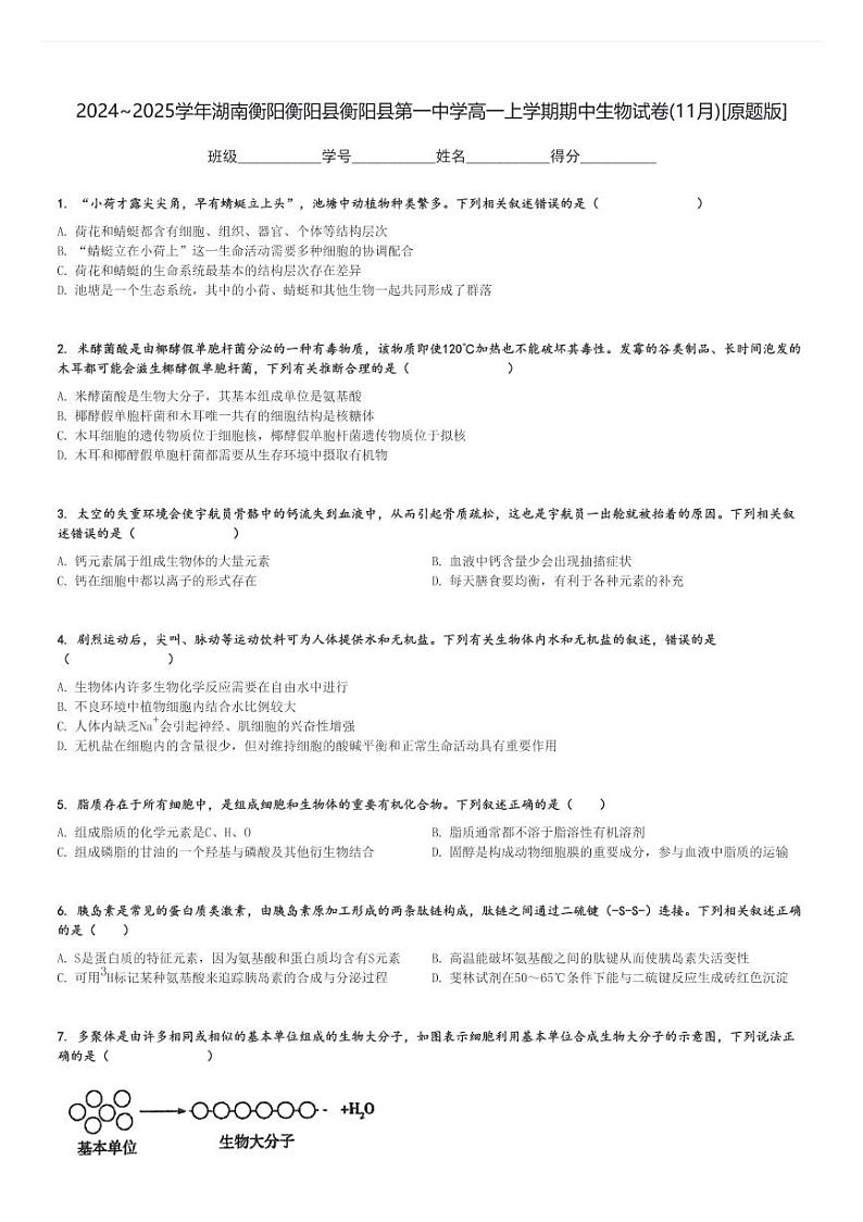 2024～2025学年湖南衡阳衡阳县衡阳县第一中学高一上学期期中生物试卷(11月)[原题+解析版]01