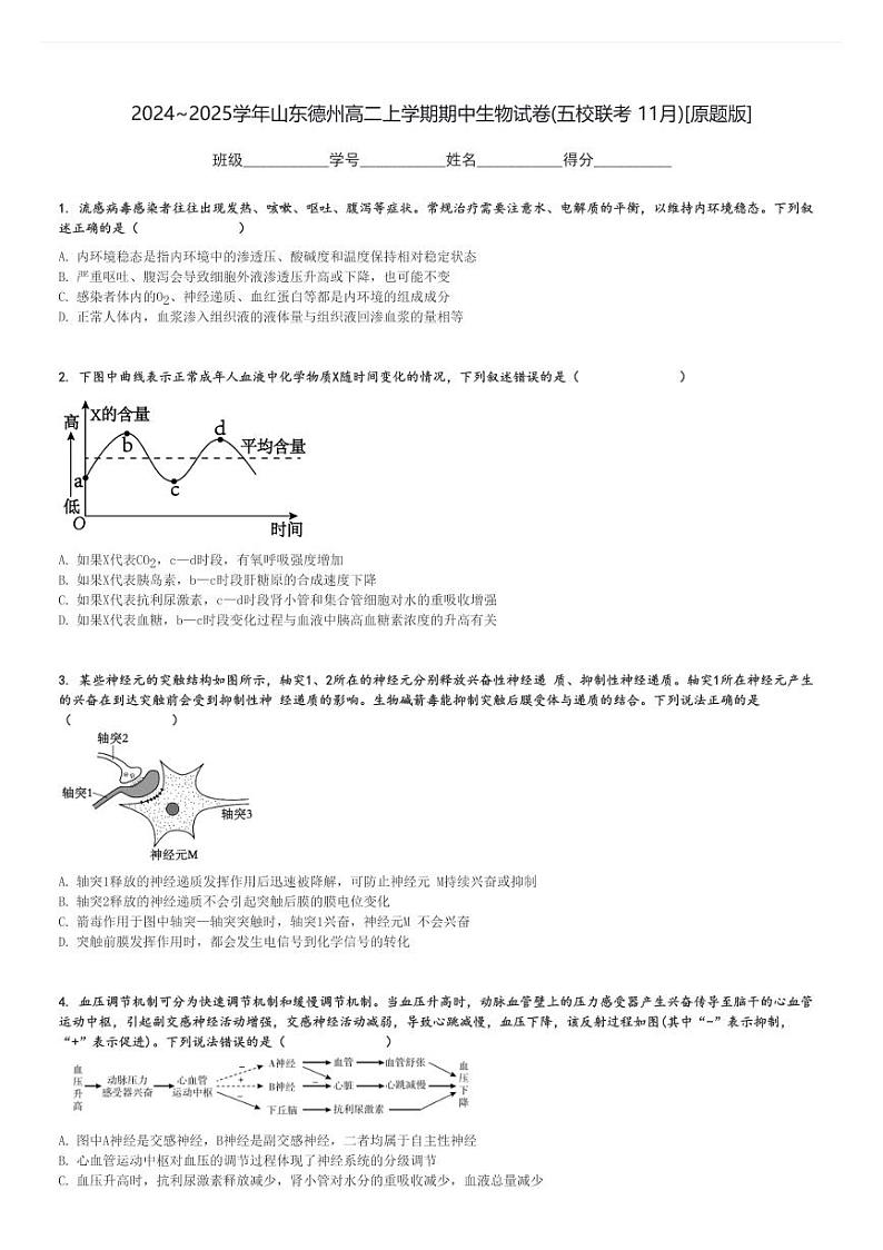 2024～2025学年山东德州高二上学期期中生物试卷(五校联考 11月)[原题+解析版]01
