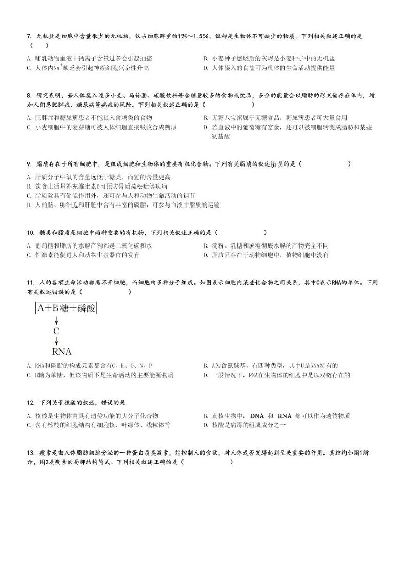 2024～2025学年陕西榆林高一上学期期中生物试卷(八校11月)[原题+解析版]第2页