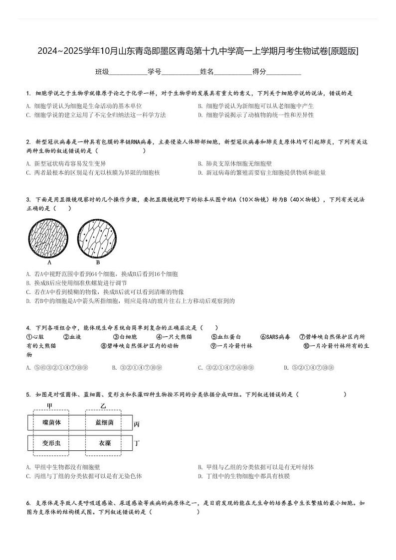 2024～2025学年10月山东青岛即墨区青岛第十九中学高一上学期月考生物试卷[原题+解析版]第1页