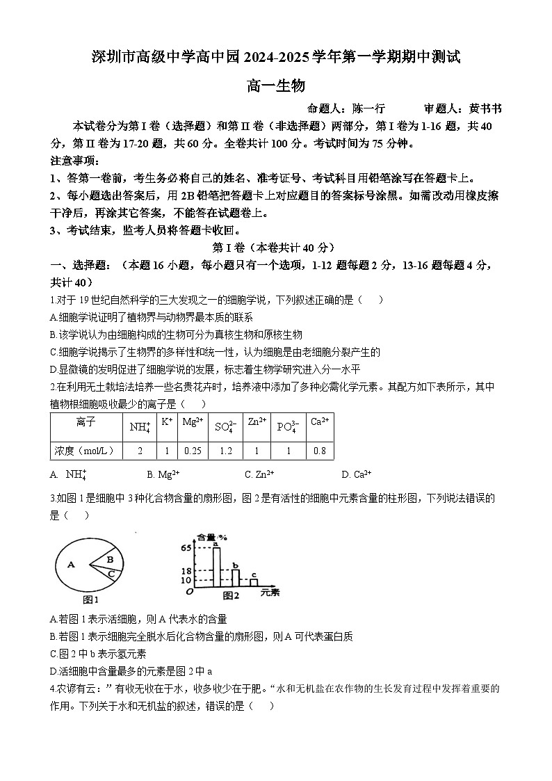 广东省深圳市高级中学高中园2024-2025学年高一上学期期中测试生物试卷第1页