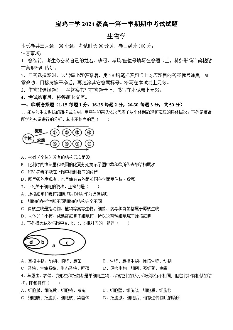 陕西省宝鸡中学2024-2025学年高一上学期期中考试生物试题(无答案)01