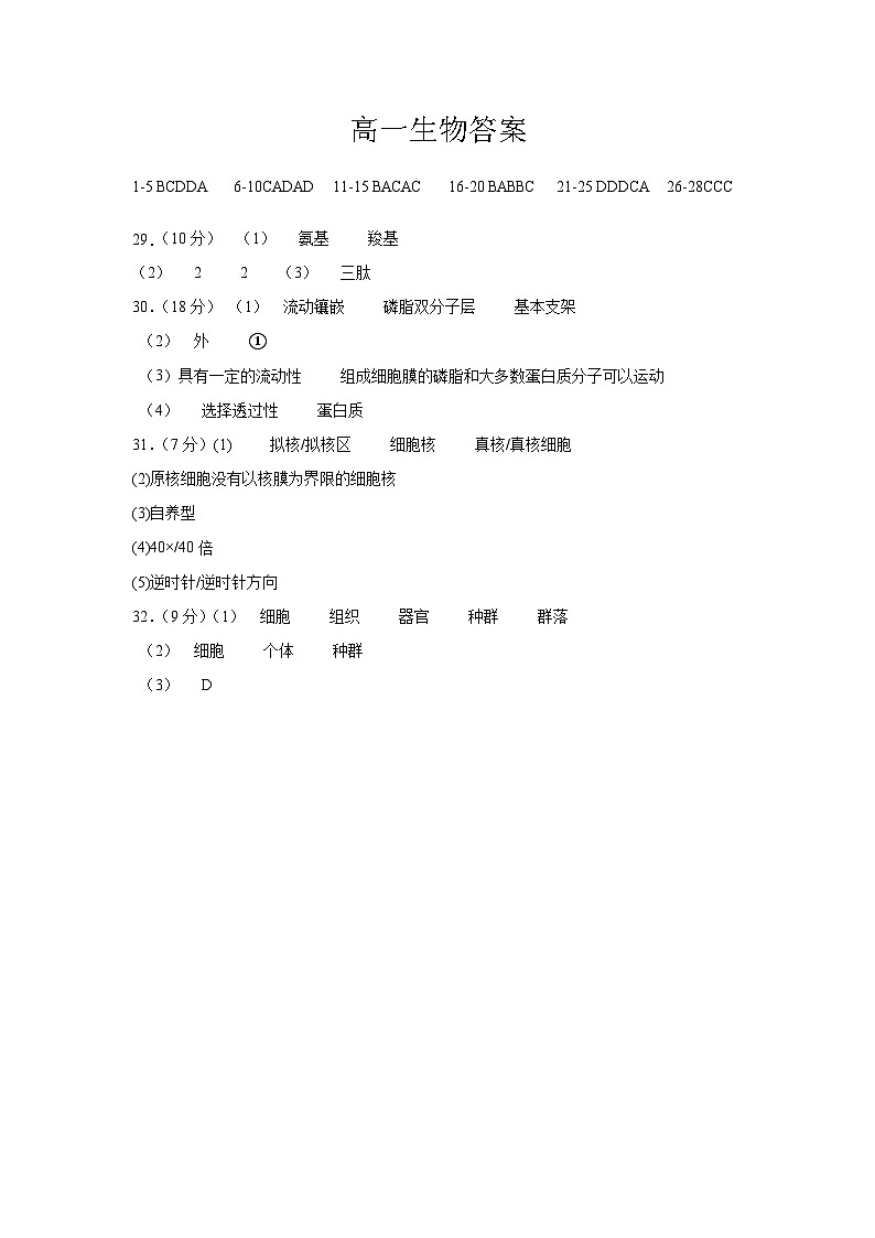 高一生物答案2024.10第1页