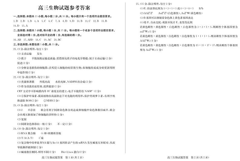 山东省德州市2024-2025学年高三上学期期中考试生物试题答案第1页