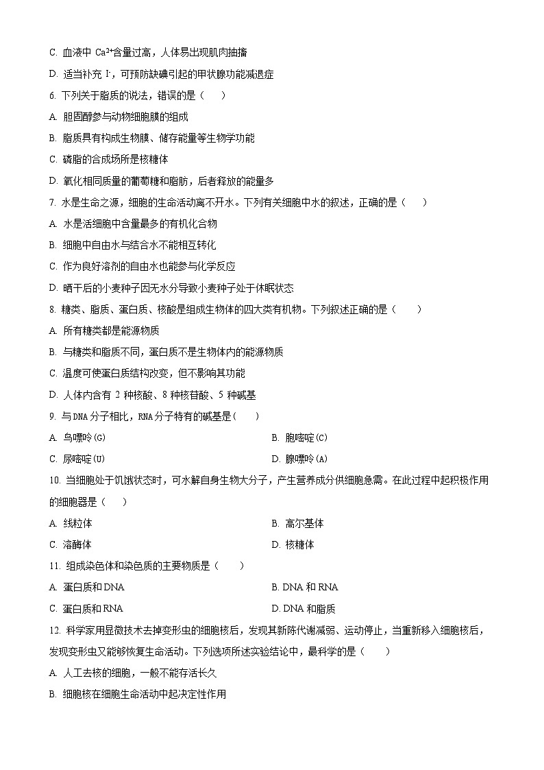 浙江省宁波五校联盟2024-2025学年高一上学期期中联考生物试卷（Word版附解析）02