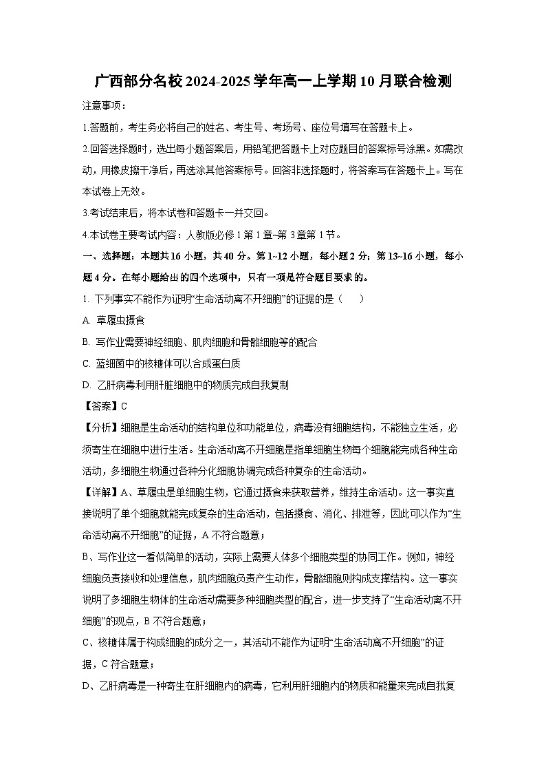 广西部分名校2024-2025学年高一上学期10月联合检测生物试卷（解析版）第1页