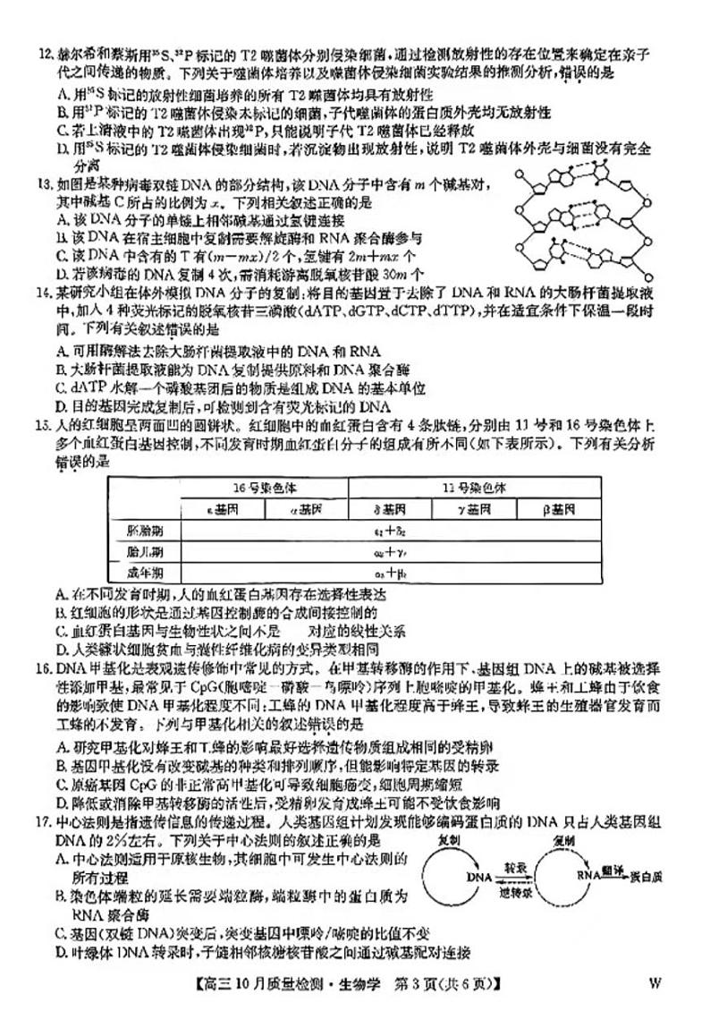 2025九师联盟高三上学期10月联考生物试题及答案第3页