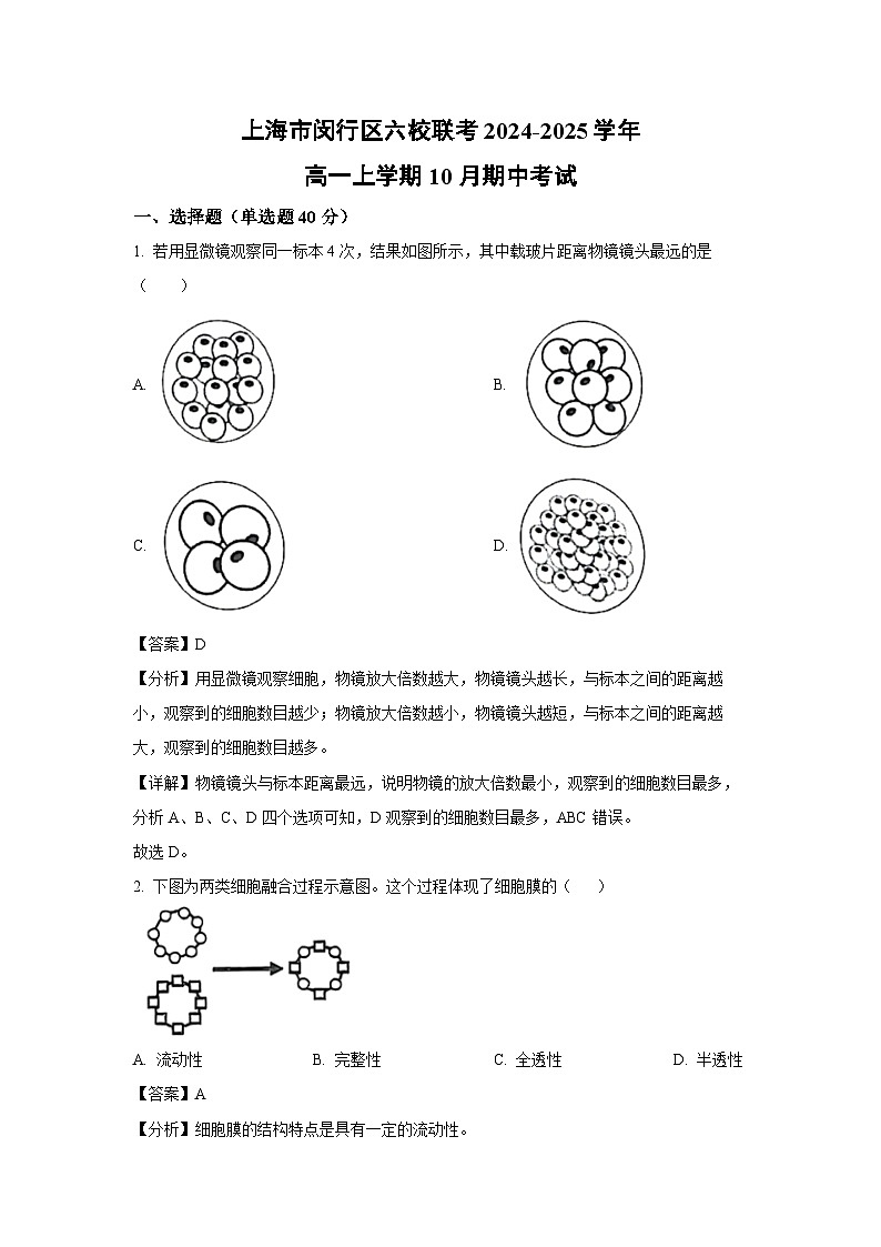 上海市闵行区六校联考2024-2025学年高一上学期10月期中考试生物试卷[解析版]第1页