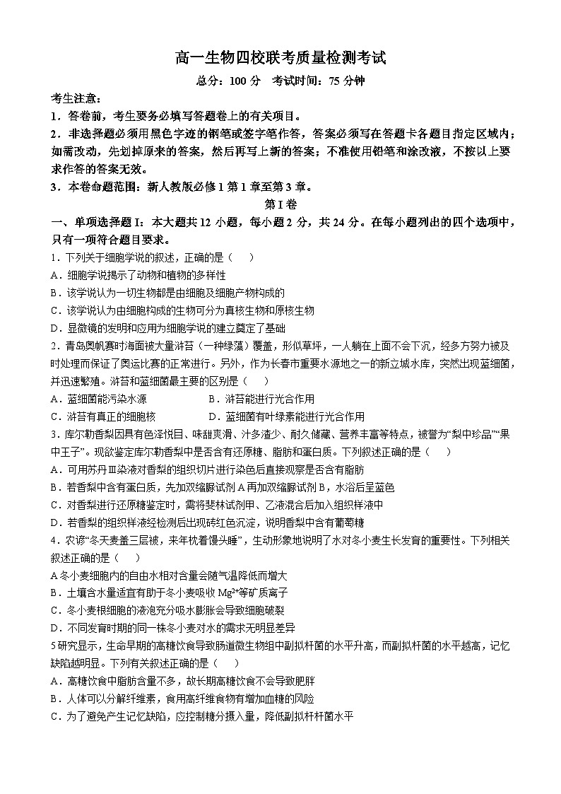 广东省清远市2024-2025学年高一上学期11月期中生物试题(无答案)第1页