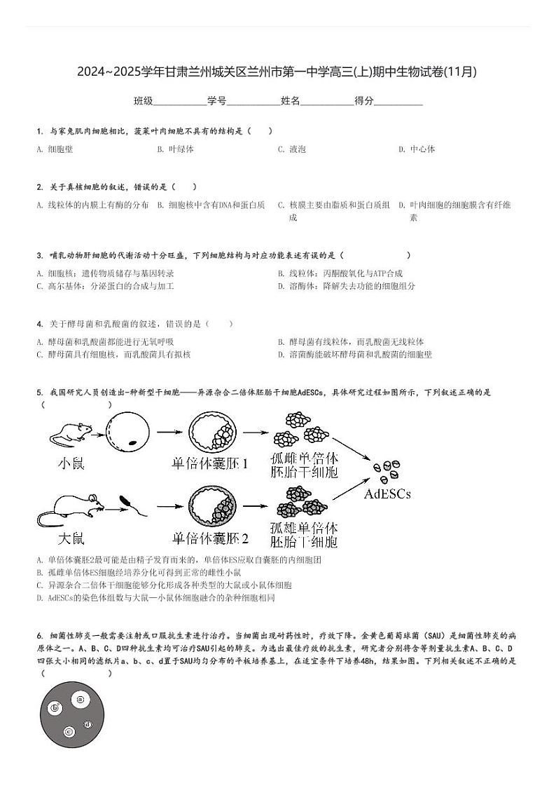 2024～2025学年甘肃兰州城关区兰州市第一中学高三(上)期中生物试卷(11月)[原题+解析]第1页