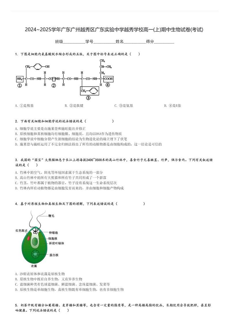 2024～2025学年广东广州越秀区广东实验中学越秀学校高一(上)期中生物试卷(考试)[原题+解析]第1页
