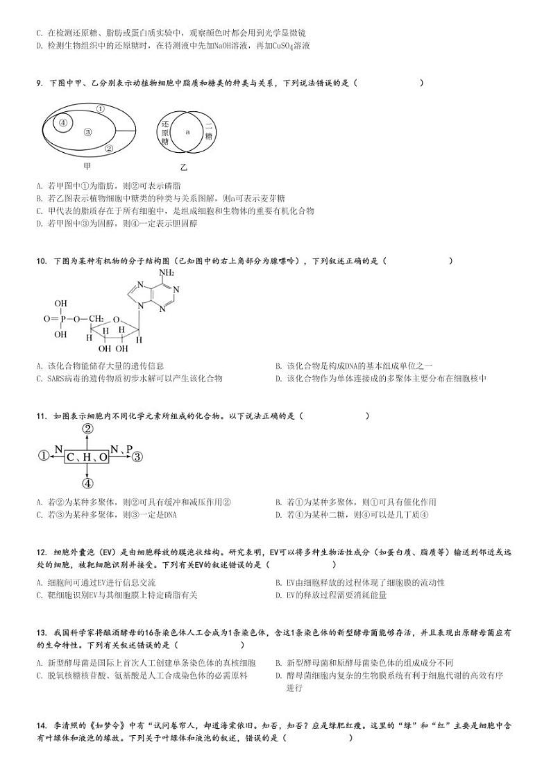 2024～2025学年四川成都郫都区高一(上)期中生物试卷(11月)[原题+解析]第2页