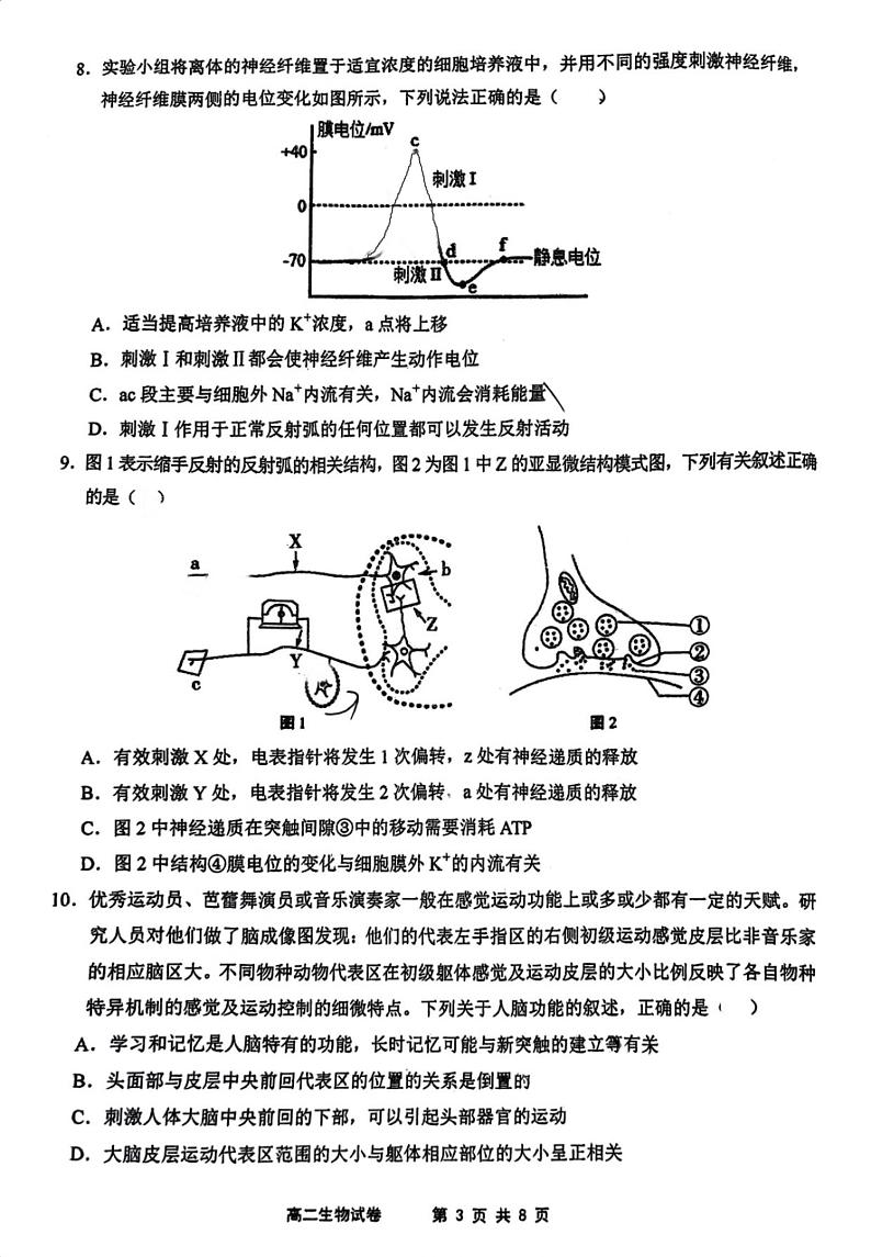 安徽省芜湖市第一中学2024-2025学年高二上学期期中考试生物试题第3页