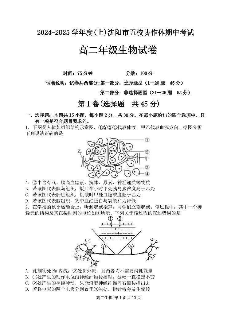 五校联考高二生物期中试题第1页
