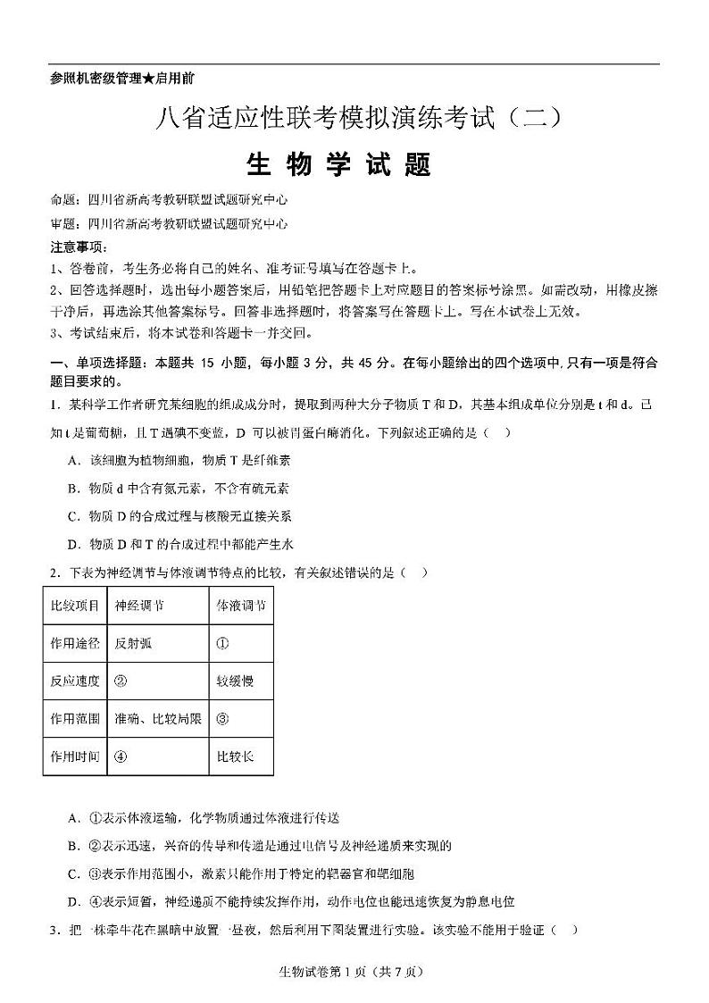 2025届八省联考高三高考模拟测试二-生物试题+答案第1页