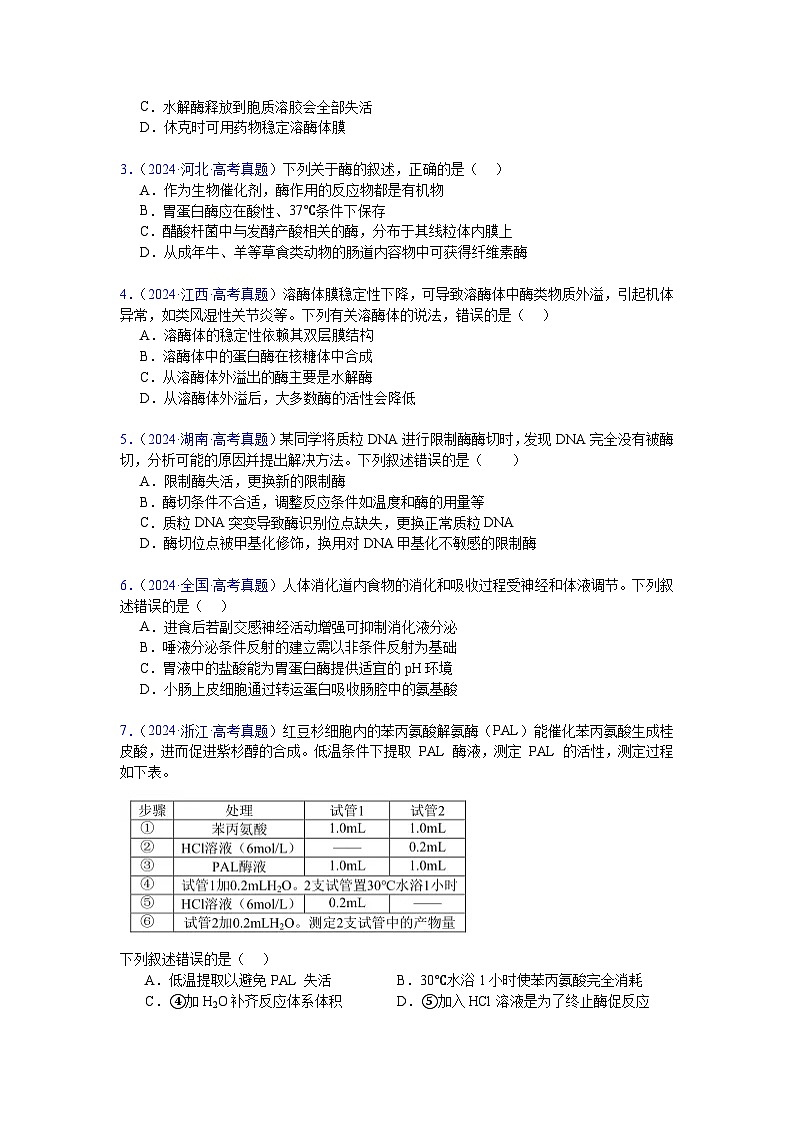 【高考生物】  高考真题分类汇编合集（2020-2024五年）专题04  酶和ATP02