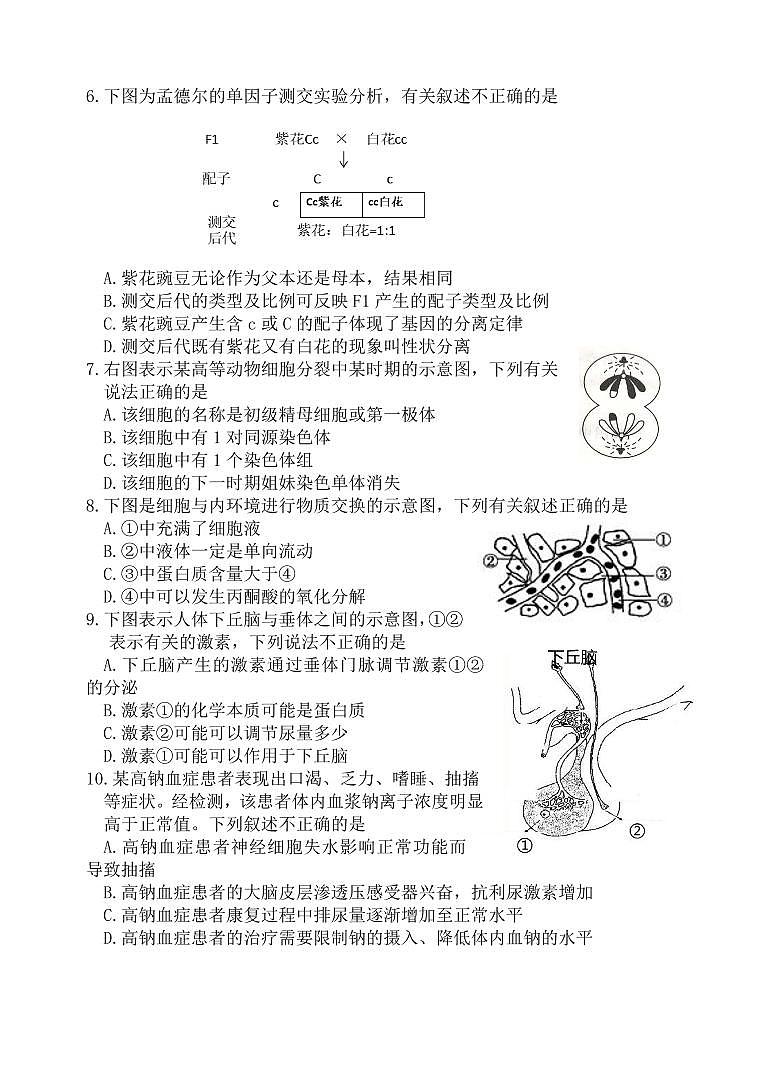 浙江省诸暨中学暨阳分校2024-2025学年高二上学期11月期中考试生物试题第2页