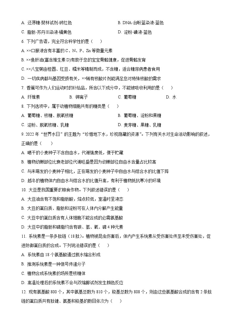 精品解析：陕西省西安市铁一中学2024-2025学年高一上学期期中考试生物试题 （原卷版）第2页