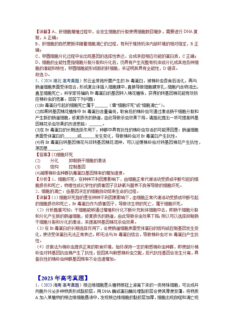 【高考生物】  高考真题分类汇编合集（2020-2024五年）专题07  细胞的分化、衰老、凋亡及癌变03