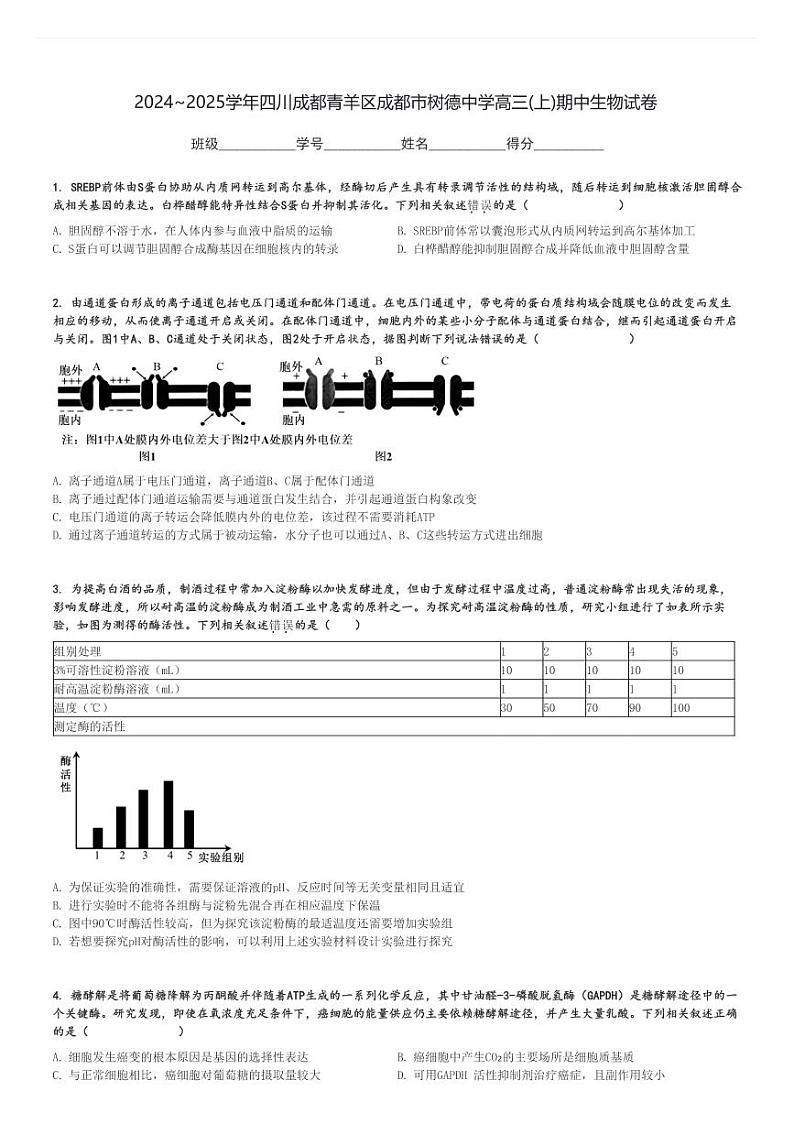 2024～2025学年四川成都青羊区成都市树德中学高三(上)期中生物试卷[原题+解析]第1页