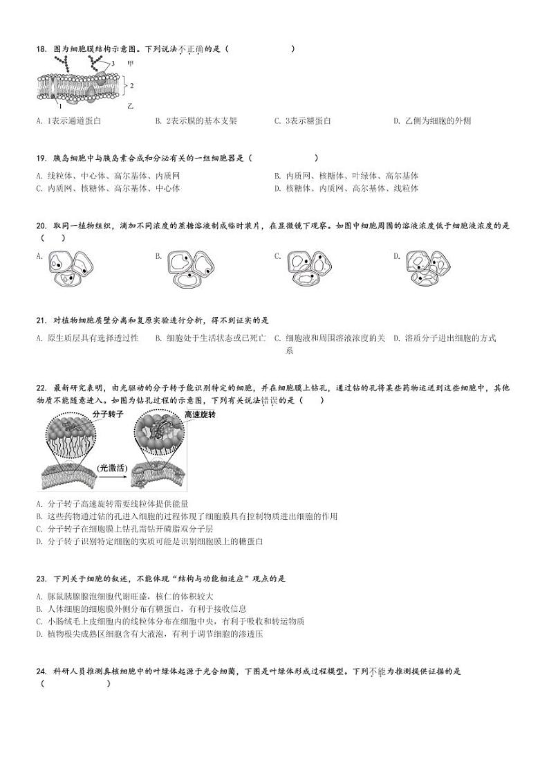 2024～2025学年天津蓟州区高一(上)期中生物试卷(11月)[原题+解析]第3页