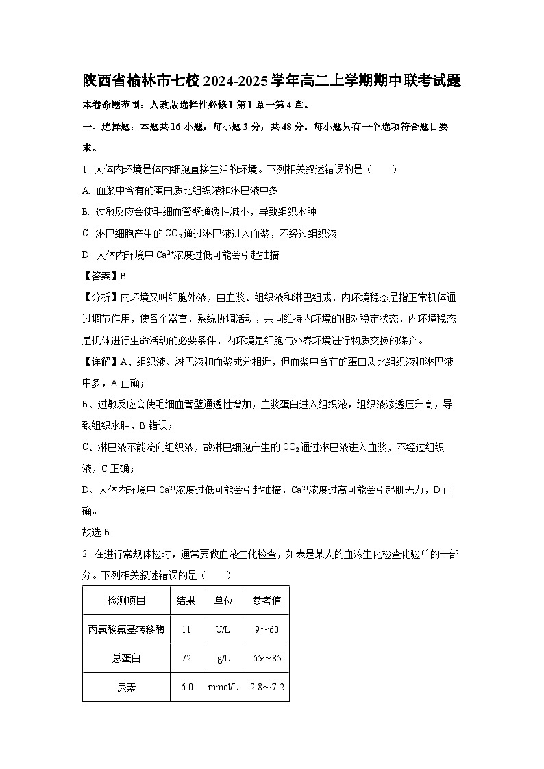 陕西省榆林市七校2024-2025学年高二上学期期中联考生物试卷（解析版）第1页
