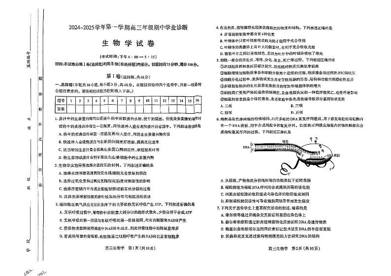 山西省太原市2024-2025学年第一学期期中测评高三生物试卷(PDF版，含答案)第1页