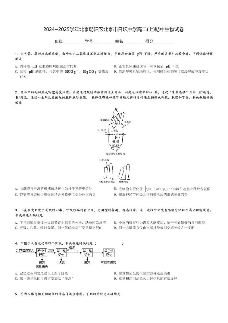 2024～2025学年北京朝阳区北京市日坛中学高二(上)期中生物试卷[原题+解析]第1页