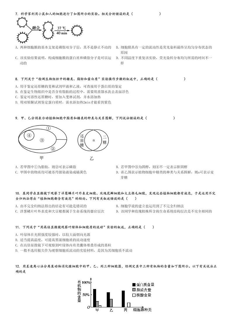 2024～2025学年山东泰安肥城市肥城市慈明学校高一(上)期中生物试卷(检测)[原题+解析]第2页