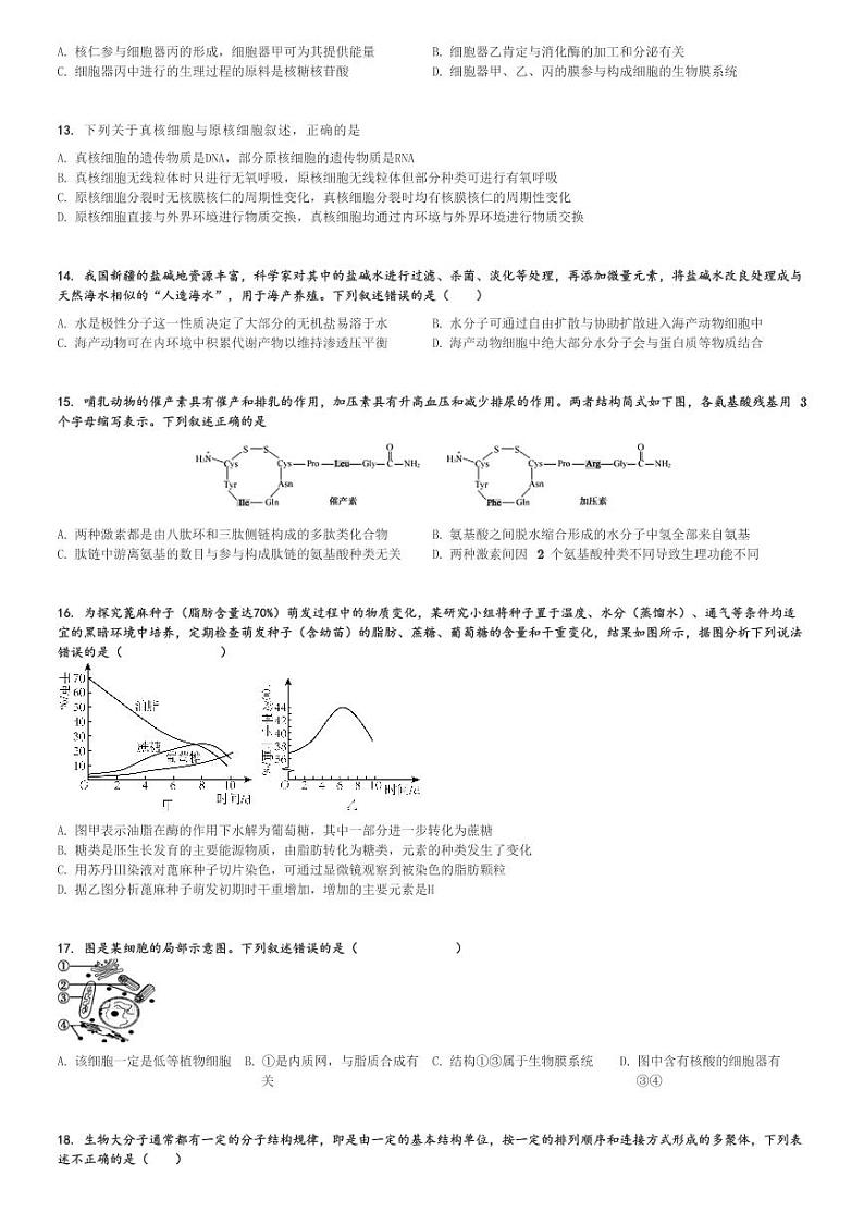 2024～2025学年山东泰安肥城市肥城市慈明学校高一(上)期中生物试卷(检测)[原题+解析]第3页