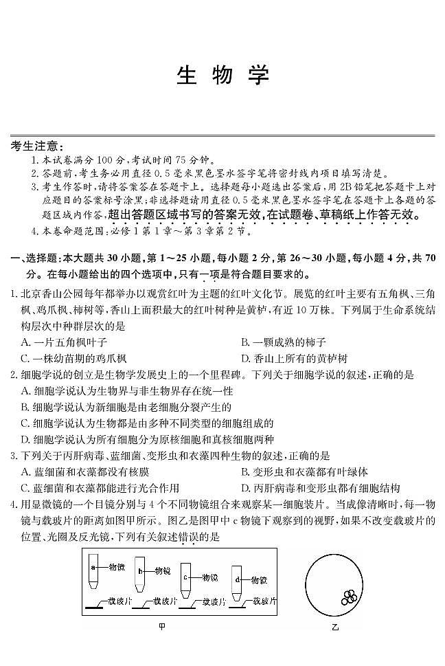 广东省深圳市盟校联盟2024-2025学年高一上学期11月期中考试生物试卷（PDF版附解析）第1页
