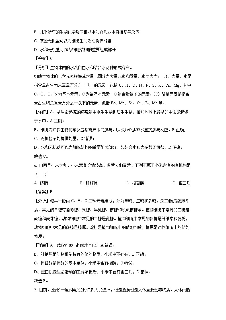 天津市红桥区2024-2025学年高一上学期期中考试生物试卷（解析版）第3页