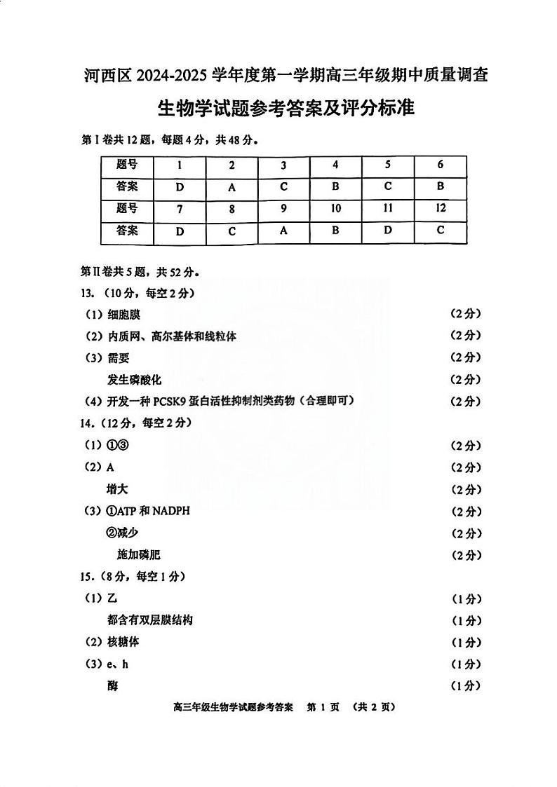 天津市河西区2024-2025学年高三上学期期中质量调查生物试卷01