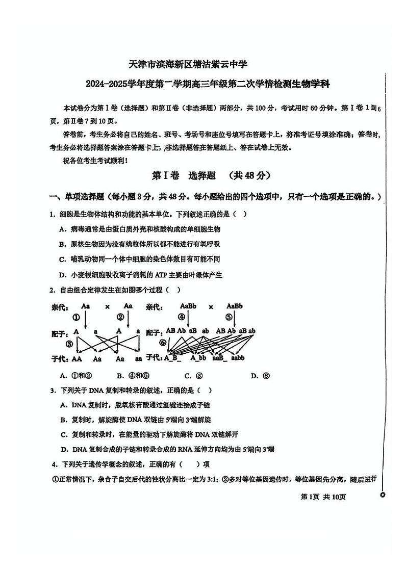 天津市滨海新区塘沽紫云中学2024-2025学年高三上学期期中考试生物试卷第1页