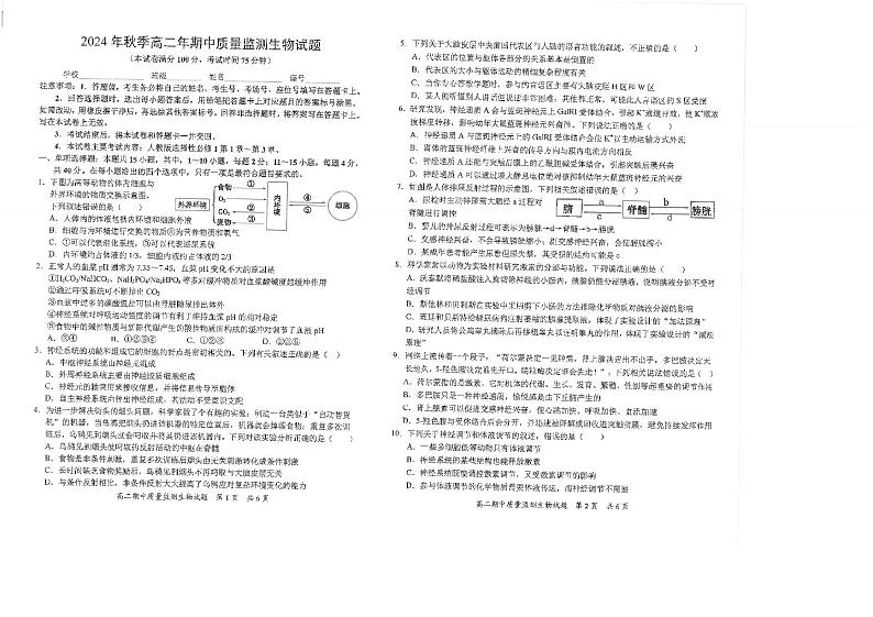福建省泉州市安溪县2024-2025学年高二上学期11月期中质量监测生物试题01