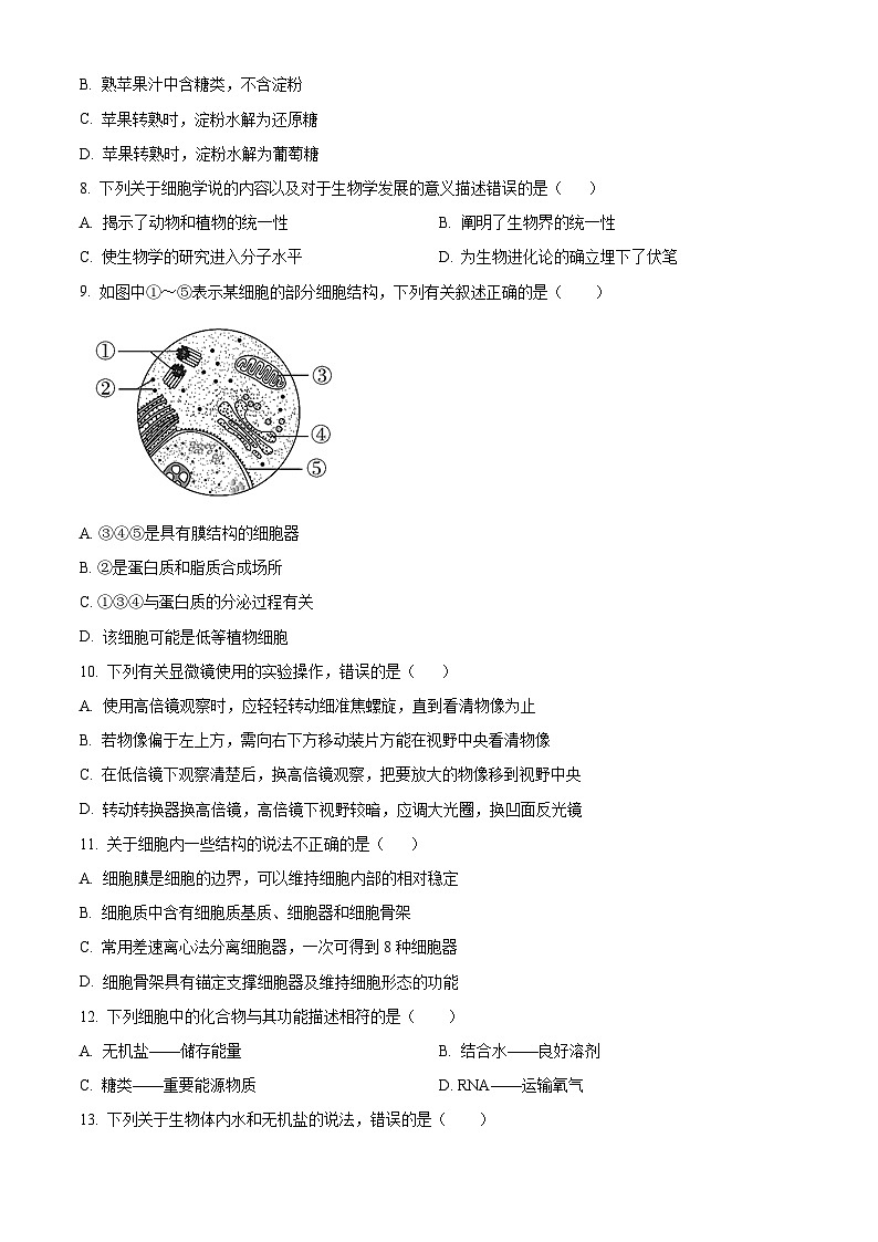 精品解析：甘肃省会宁县第四中学2024-2025学年高一上学期期中考试生物试卷02