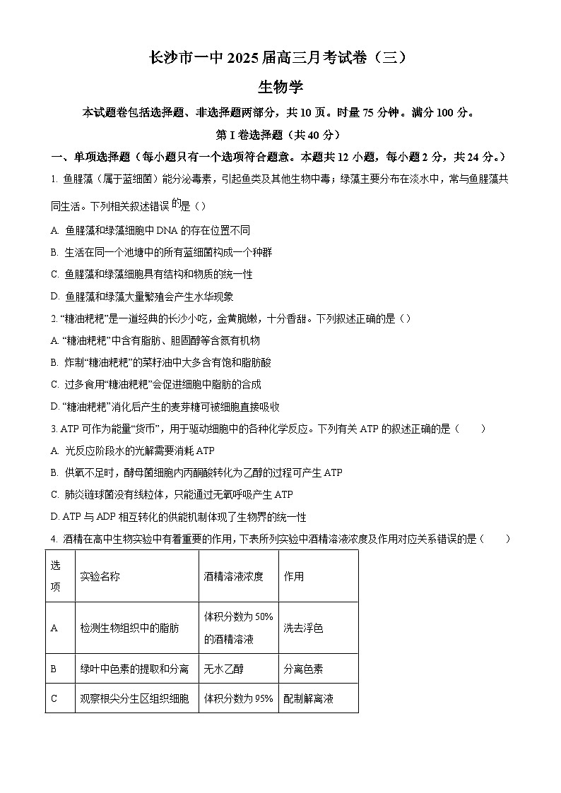湖南省长沙市长沙一中2025届高三上学期月考试卷（三）生物试卷（含答案）01